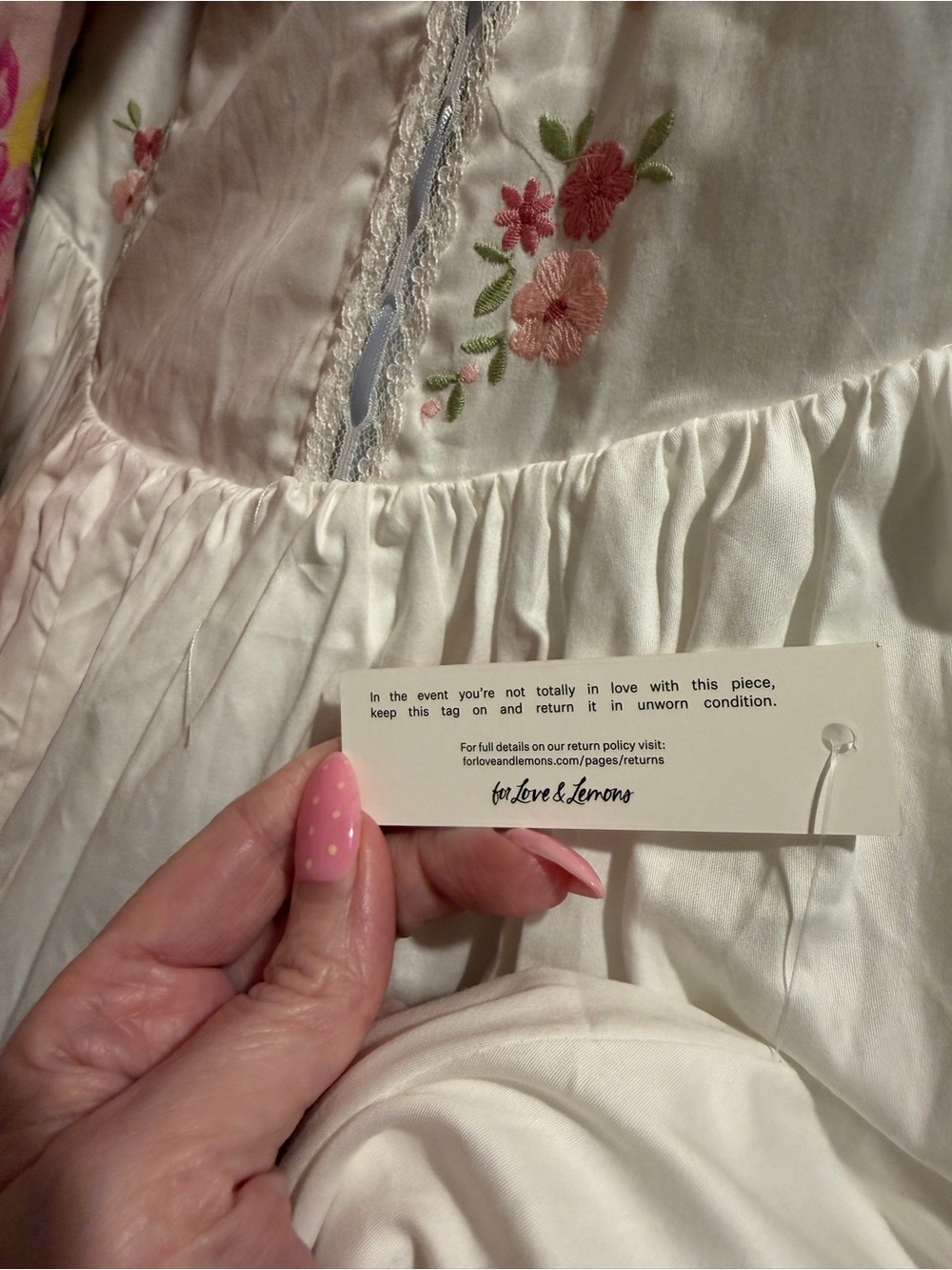 For Love & Lemons Tea Time White Midi Dress with Pink Floral Embroidery - Picture 13 of 15